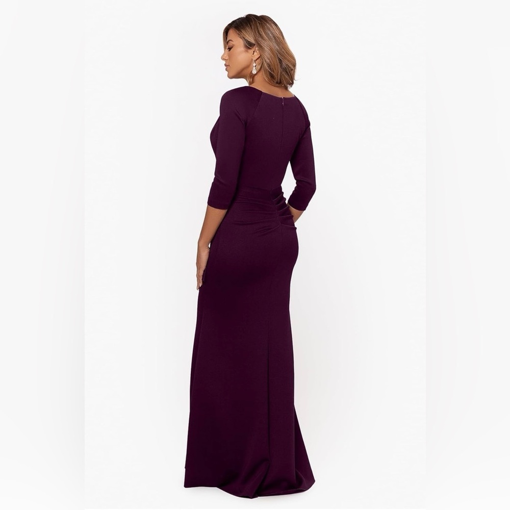 Xscape Women's Long 3/4 Sleeve V-Neck Side Ruched Gown - Picture 3 of 9